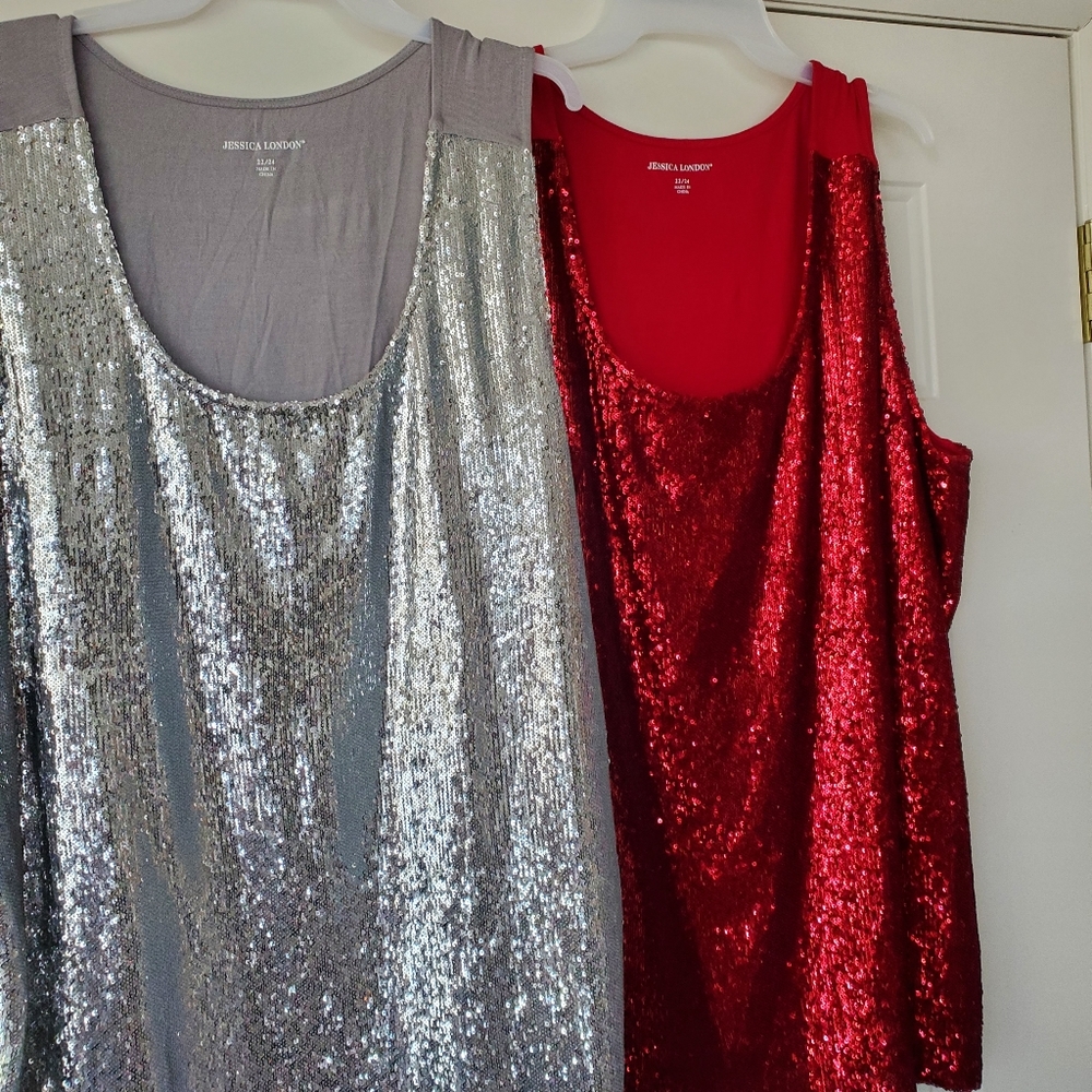 Two Jessica London Silver and Red Sequin Tops size 22-24
